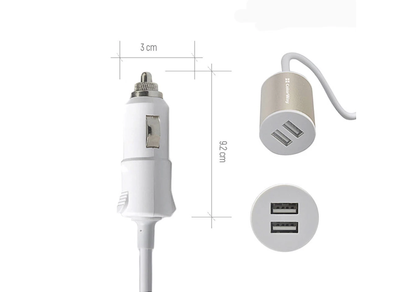 Адаптер автомобільний Colorway 2USB 2.1A з кабелем 1,2м. CW-CHA004-WT