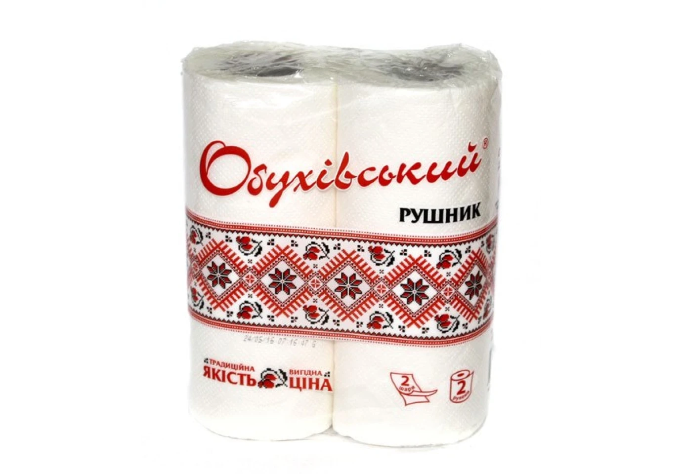 Рушники паперові ТМ ОБУХІВСЬКИЙ 2 шари, 2 рулони в упаковці, білі, відривні, на гільзі