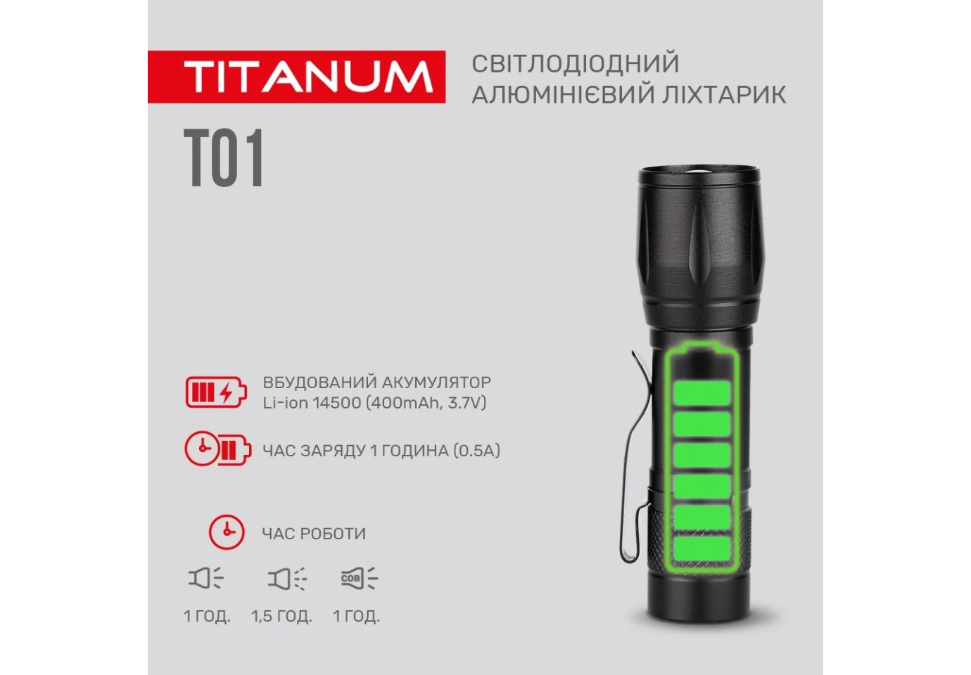 Ліхтар Titanum портативний світлодіодний 120 Lm 6500 K, алюмінієвий TLF-T01