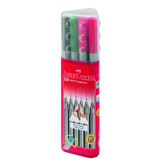 Ручка лінер Faber-Castell Grip 0,4 мм Fine Pen у пластиковому пеналі 10 кольорів 151611