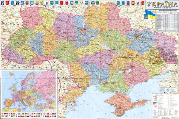Карта України - адміністративно-територіальний поділ М1 : 1 250 000, 110 х 77 см, ламінація, планки купити в Час-Пік