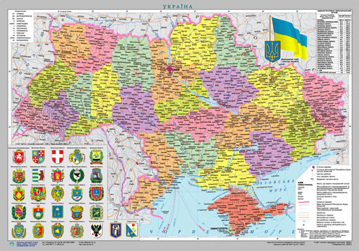 Карта України - адміністративний поділ М1 : 2 350 000, формат А2, 65 х 45 см, картон