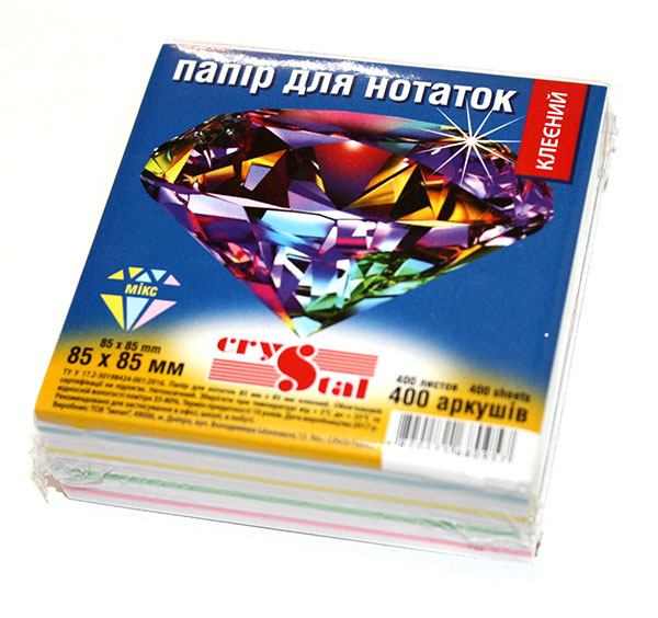 Папір для запису Crystal 85 х 85 мм х 400 аркушів, клеєний, колір мікс ( 5 кольорів ) 33.48