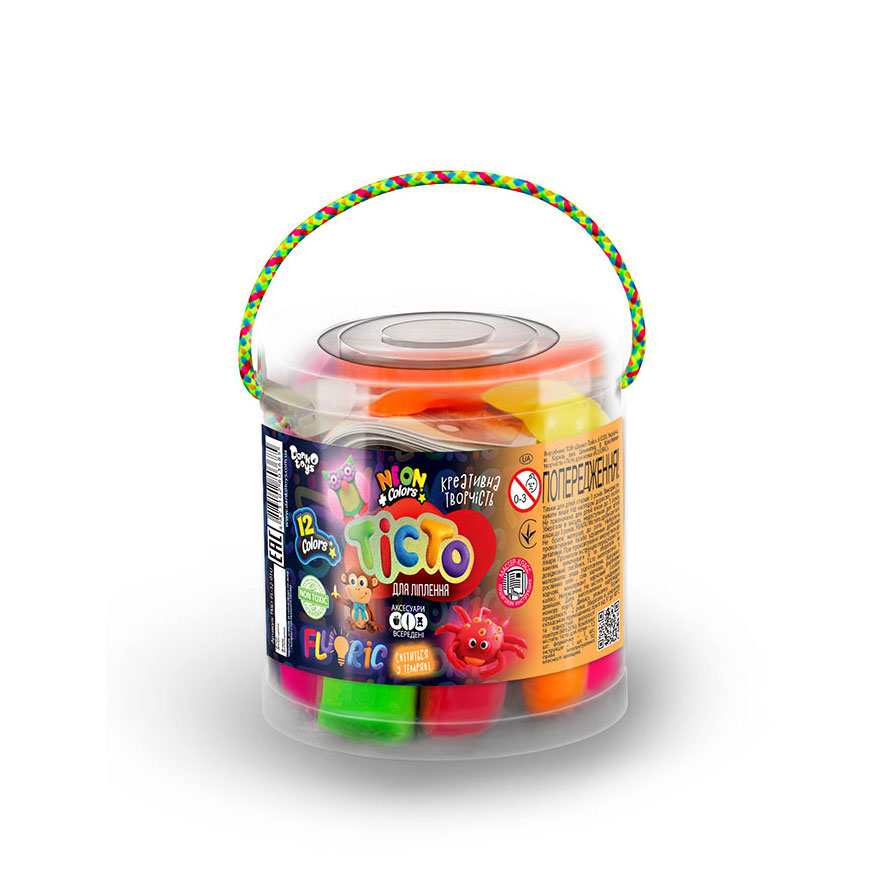 Набір креативної творчості Danko Toys "Тісто для ліпки Fluoric" 12 кольорів, пластикове відро 3+ TMD-FL-12-01U