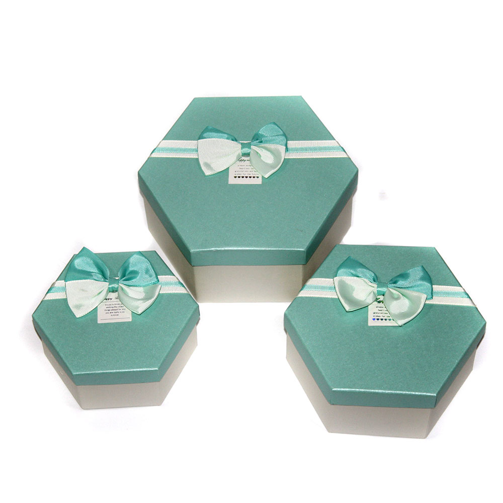 Набір коробок для подарунків 3 штуки, шестигранні 19 х 10 см, з бантом, колір бірюзовий