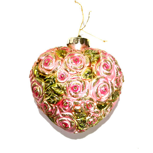 Ялинкова іграшка - серце, з рифленими рожевими трояндами, h = 9см в поліетиленовому пакеті MGHE-9001C