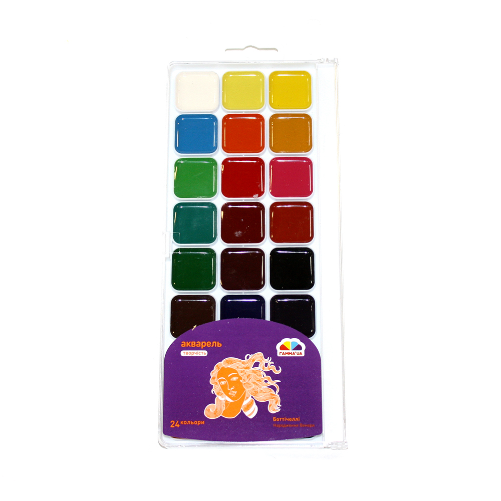 Фарба акварель медова Творчість 24 кольори, без пензлика, пластикова коробка 400106