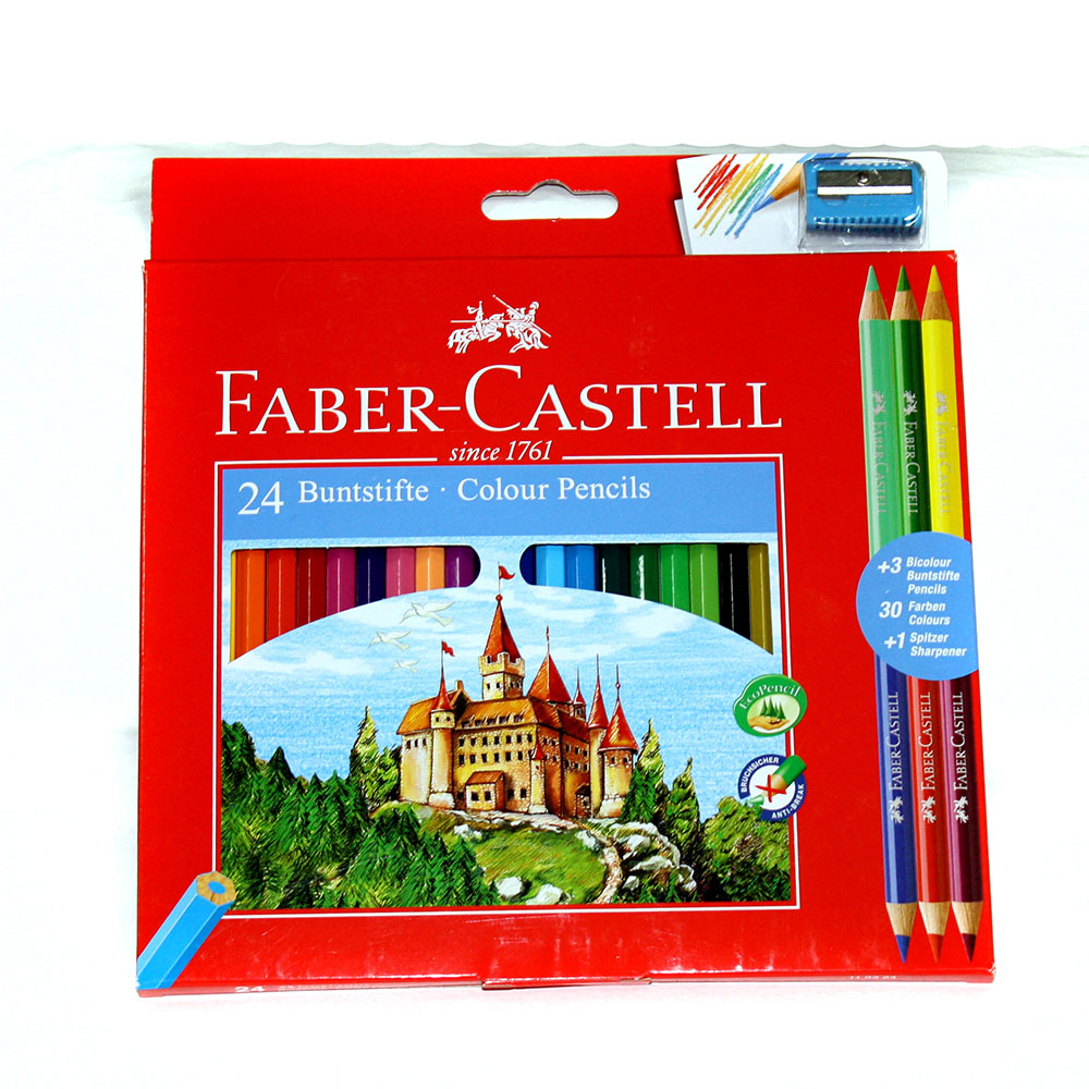 Олівці кольорові Faber-Castell 24 кольори + 3 штуки двоколірні "Замок"+ точилка, картона упаковка 110324