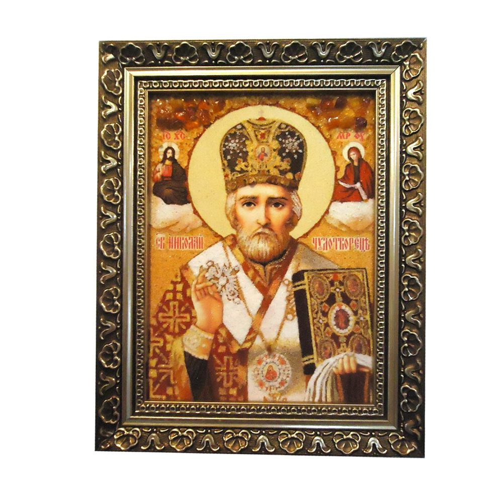 Ікона з янтарем Святий Миколай 15 х 20 см і-101
