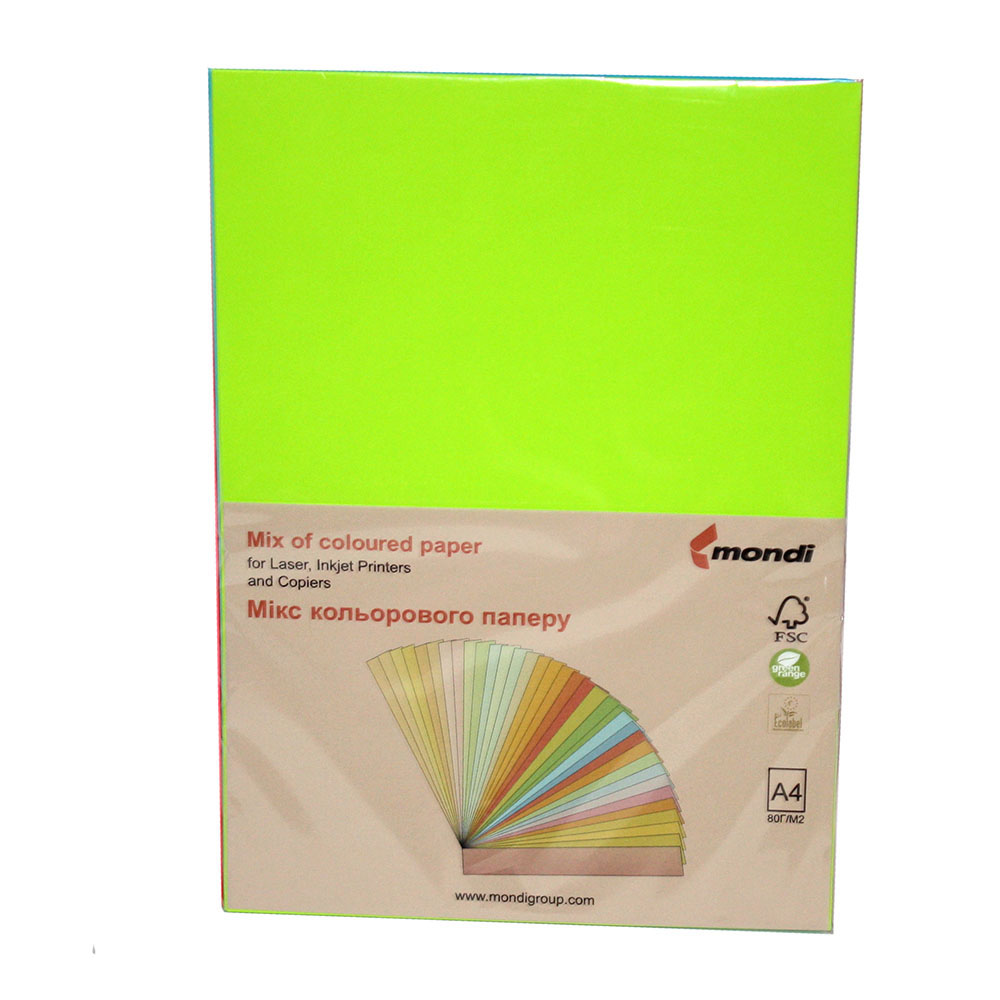 Набір кольорового паперу Mondi Coloured А4 80 г/м, 5 кольорів х 20 аркушів, мікс інтенсив
