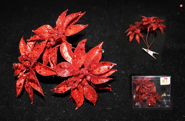 Новорічна прикраса Квітка штучна (букет з 3-х квіток), колір червоний 410205С