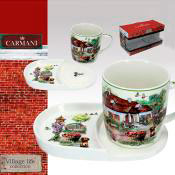 Кружка порцелянова Carmani з підставкою для десерту Village life collection Білий дворик, 300 мл 041-0044