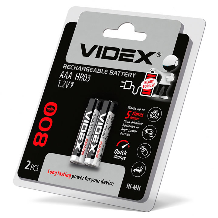 Акумулятор Videx HR03/AAA 800 mah 1,2 v 2 штуки в упаковці, під блістером 291765