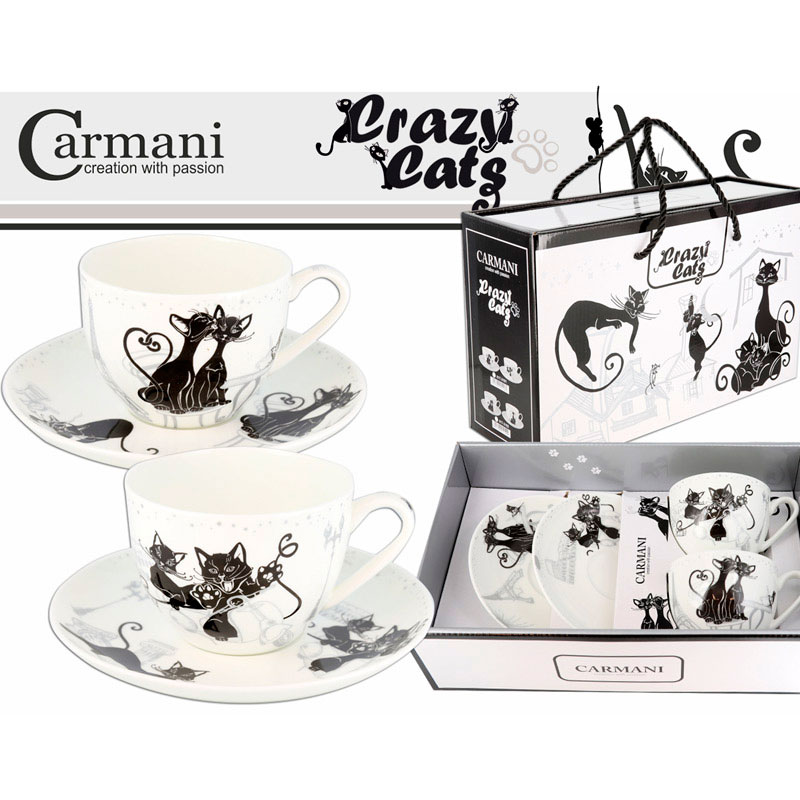 Подарунковий набір Carmani із двох порцелянових чашек + два блюдцяi Crazy cats 250 мл 017-3101