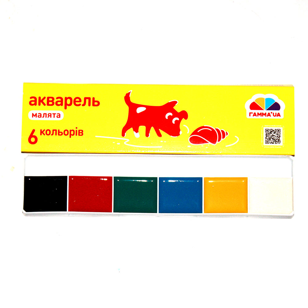 Фарба акварель медова Гамма "Малята" 6 кольорів, без пензлика‚ картонна коробка 100101