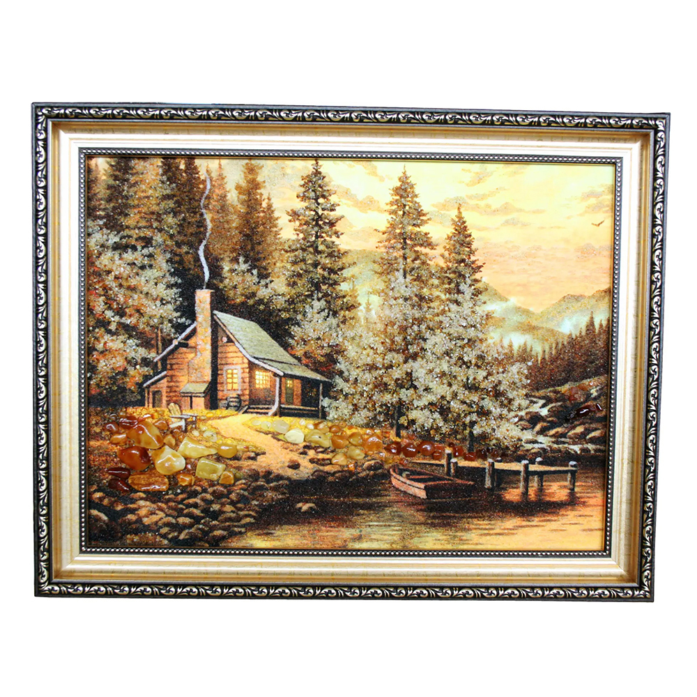 Картина із бурштином Мисливська хатина 27 х 36 см B085-1