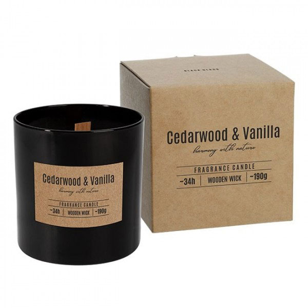 Свічка ароматична у чорному склі Cedarwood & Vanilla Кедр та Ваніль з дерев'яним гнотом 03.72