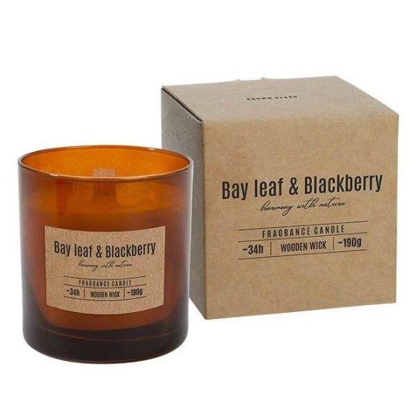 Свічка ароматична у коричневому склі Bay leaf & Blackberry Лавровий лист та ожина з дерев'яним гното 03.61