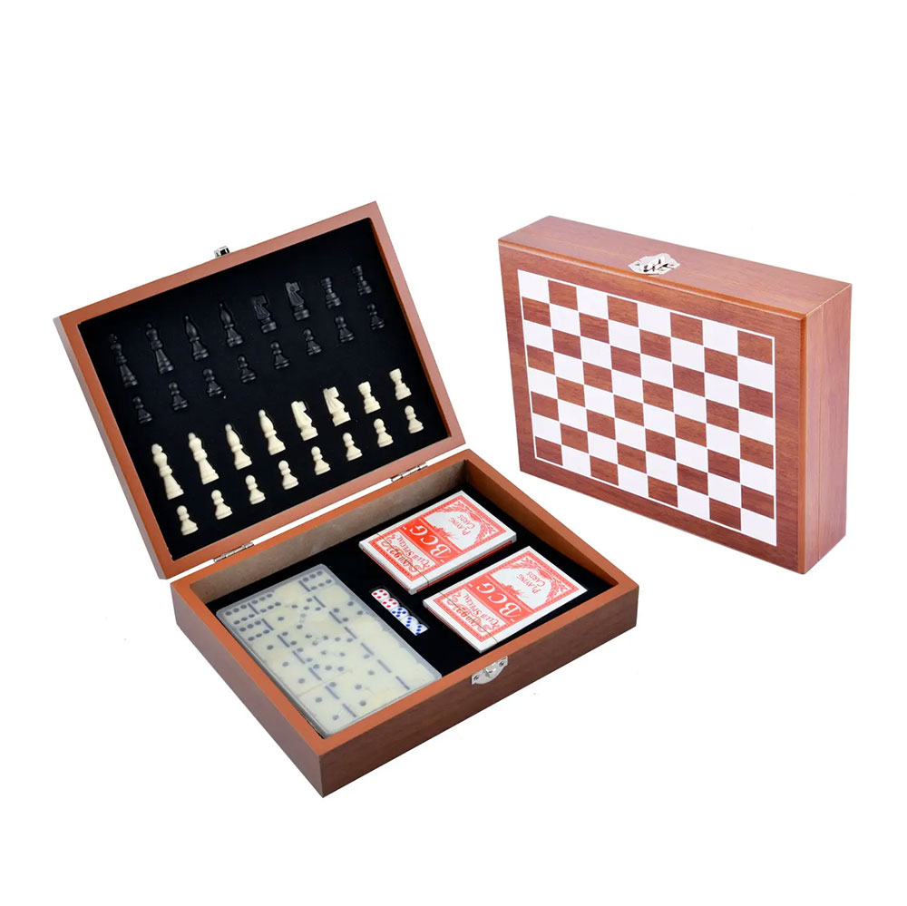Ігровий набір шахи, доміно,карти (дві колоди), кістки в дерев'яній коробці 285 х 185 х 60 мм 2516D